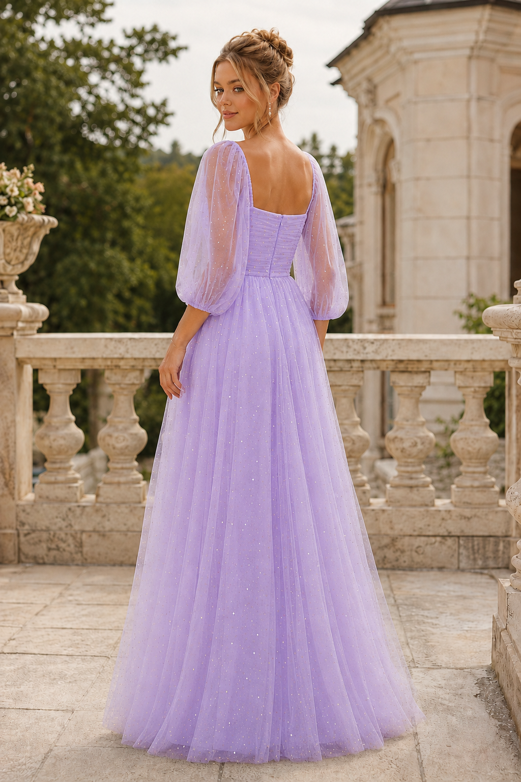Kalsette A Line Square Neckline 3 4 Sleeve Floor Length Tulle Prom Dress in Lavender - front view