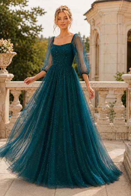 Kalsette A Line Square Neckline 3 4 Sleeve Floor Length Tulle Prom Dress in Navy Blue - back view