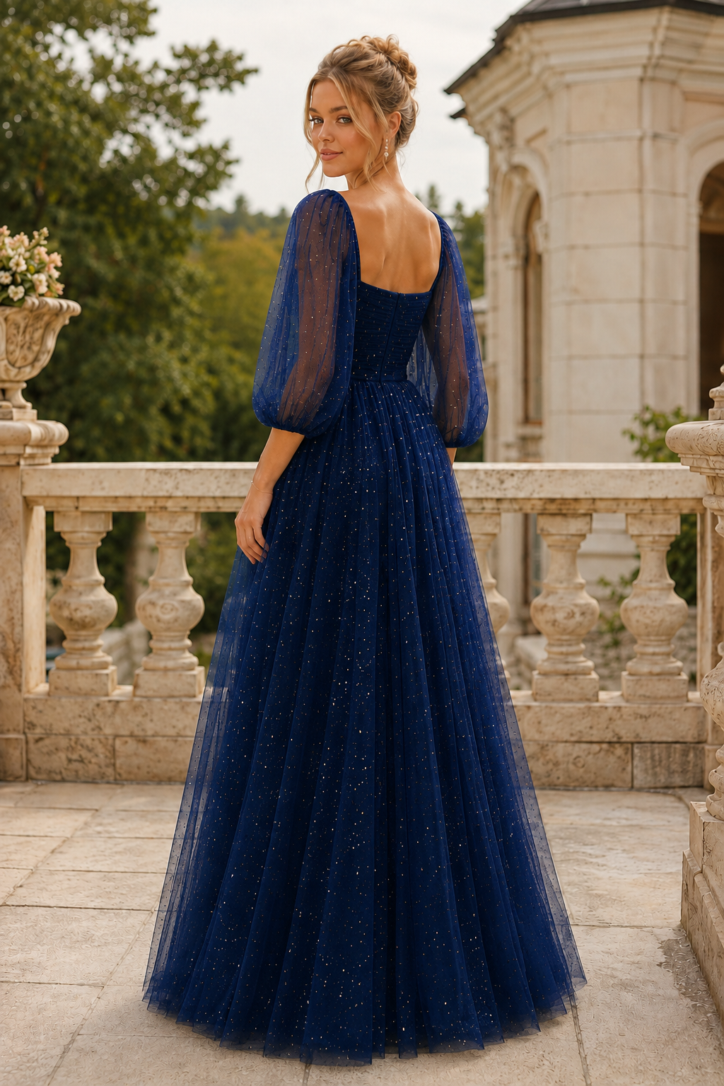 Kalsette A Line Square Neckline 3 4 Sleeve Floor Length Tulle Prom Dress in Navy Blue - front view