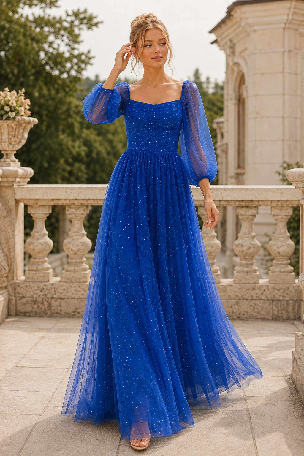 Kalsette A Line Square Neckline 3 4 Sleeve Floor Length Tulle Prom Dress in Royal Blue - back view