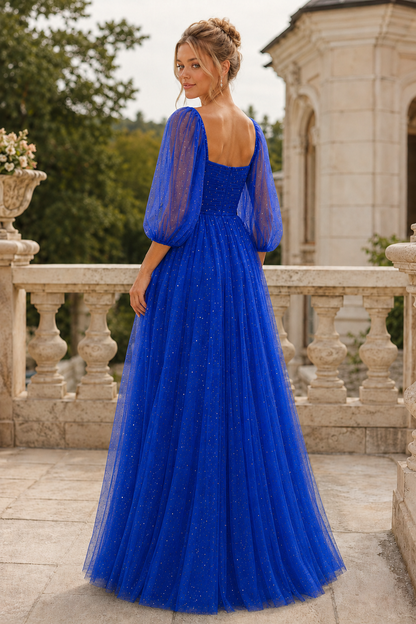 Kalsette A Line Square Neckline 3 4 Sleeve Floor Length Tulle Prom Dress in Royal Blue - front view