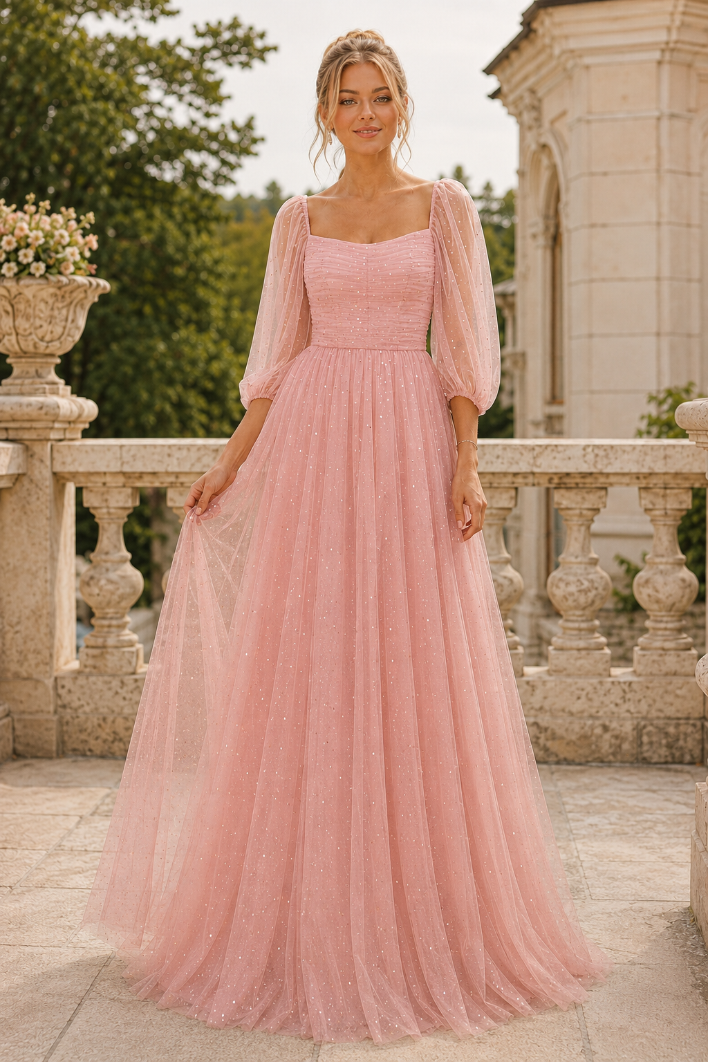 Kalsette A Line Square Neckline 3 4 Sleeve Floor Length Tulle Prom Dress in Silver - back view