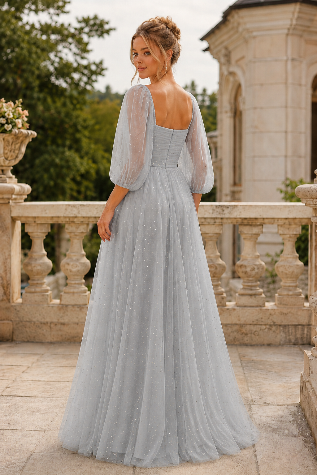 Kalsette A Line Square Neckline 3 4 Sleeve Floor Length Tulle Prom Dress in Silver - front view