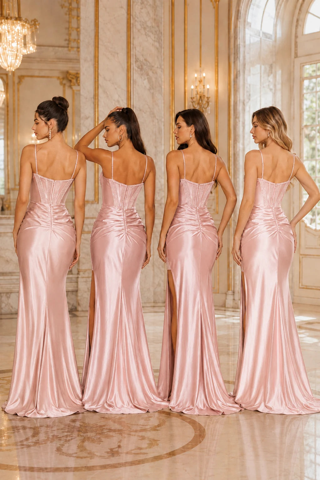 Elodelle Mermaid V Neck Sweep Train Satin Satin Prom Dress in Brown prom gown, back view