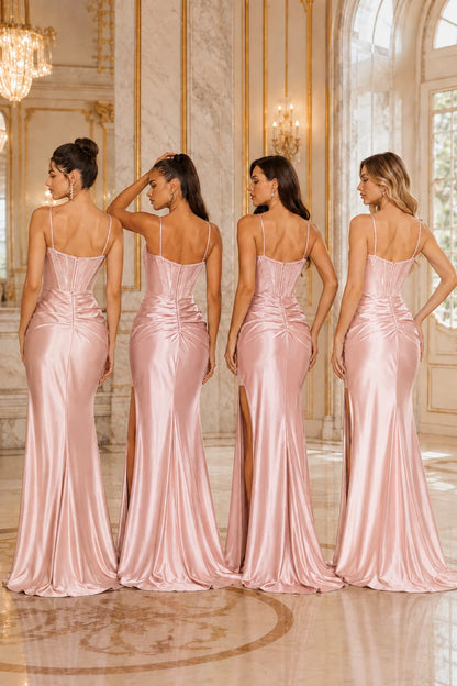 Elodelle Mermaid V Neck Sweep Train Satin Satin Prom Dress in Brown prom gown, back view