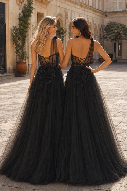 Estlisse A Line One Shoulder Sleeveless Sweep Train Tulle Prom Dress in Black prom gown, back view