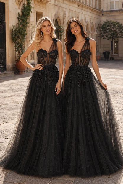 Estlisse A Line One Shoulder Sleeveless Sweep Train Tulle Prom Dress in Black prom gown, front view