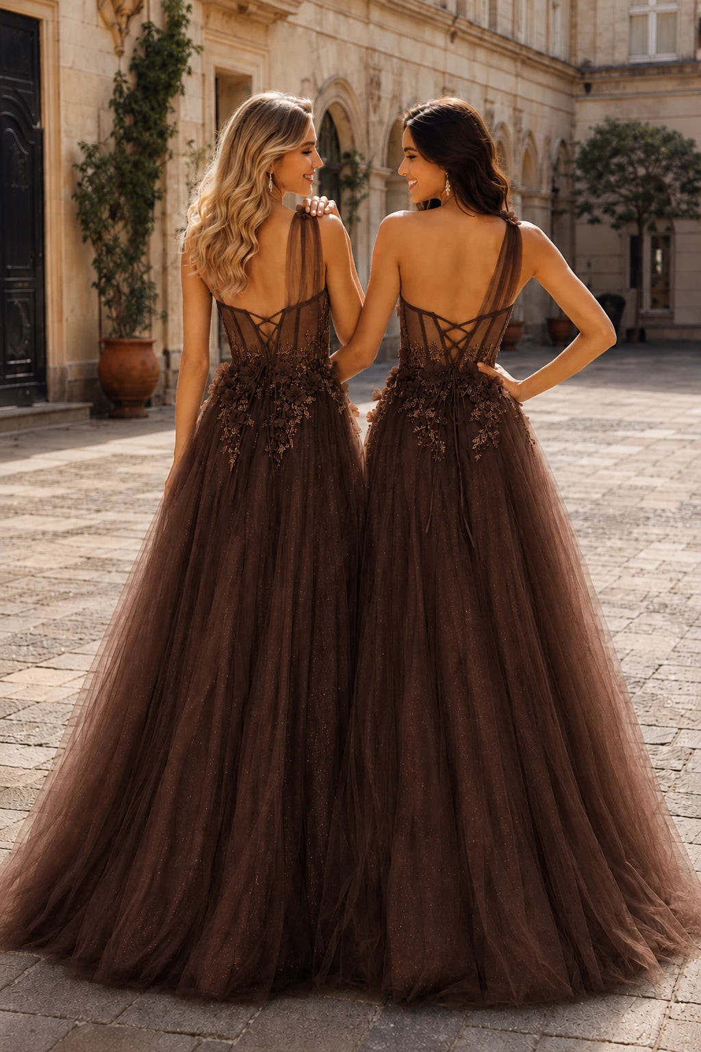 Estlisse A Line One Shoulder Sleeveless Sweep Train Tulle Prom Dress in Brown prom gown, back view