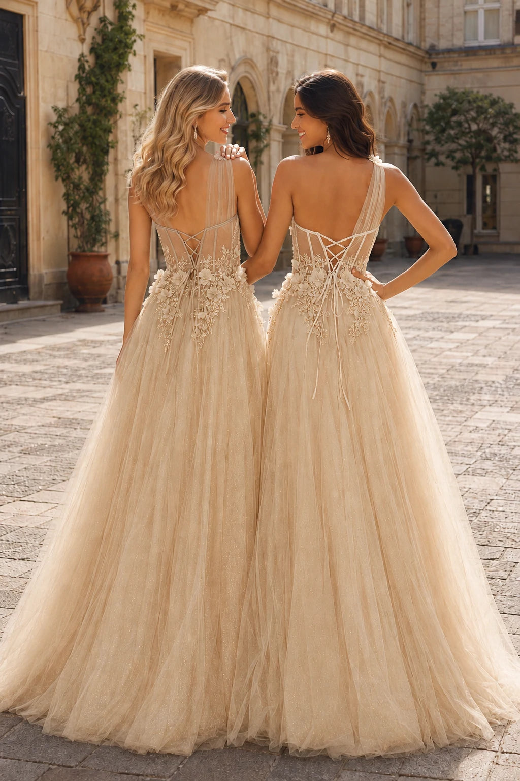 Estlisse A Line One Shoulder Sleeveless Sweep Train Tulle Prom Dress in Champagne prom gown, back view