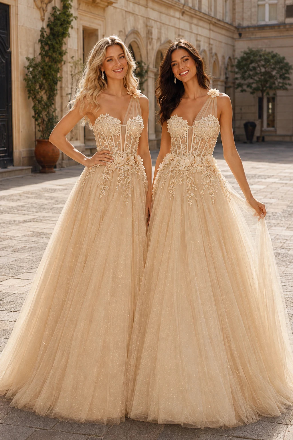 Estlisse A Line One Shoulder Sleeveless Sweep Train Tulle Prom Dress in Champagne prom gown, front view