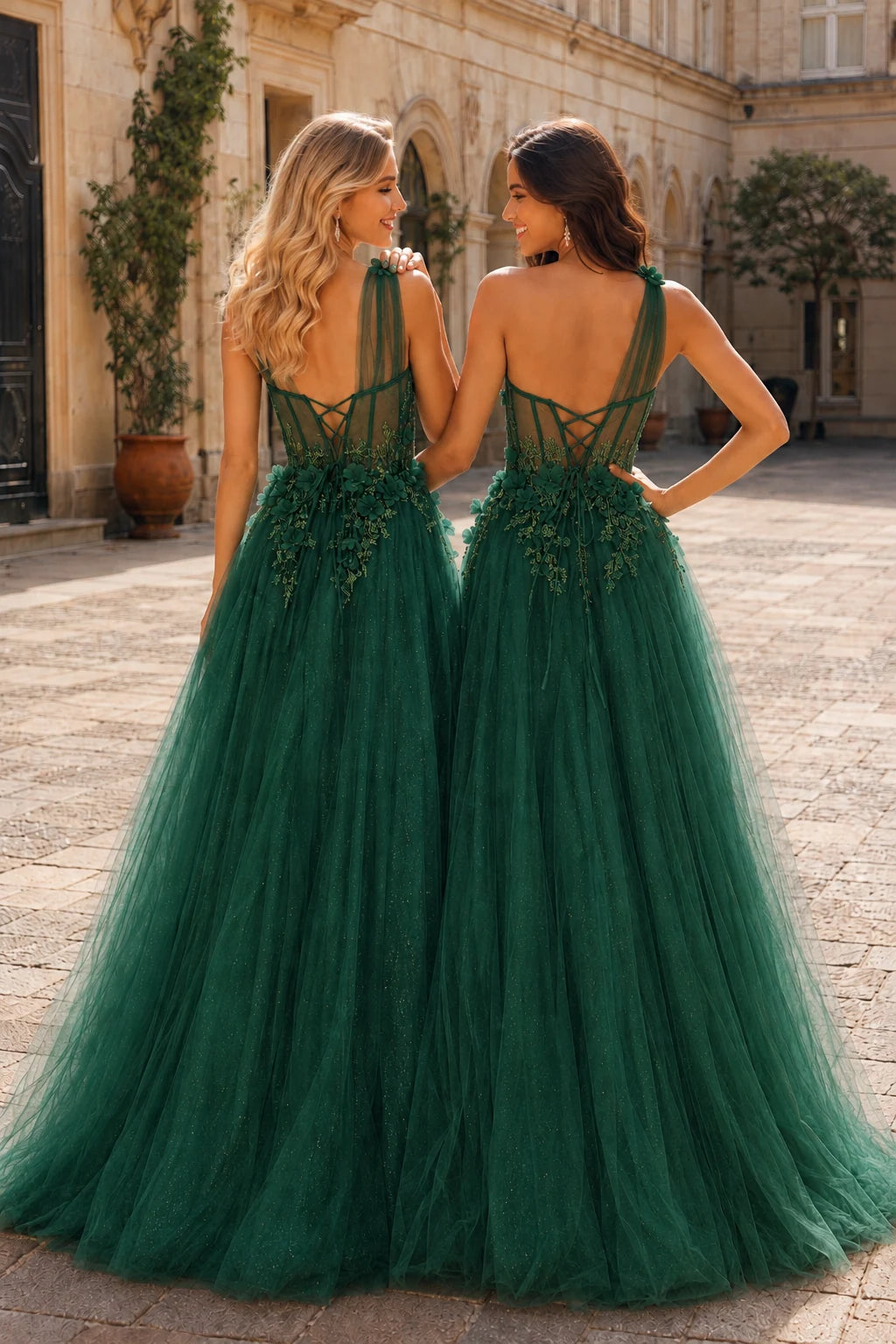 Estlisse A Line One Shoulder Sleeveless Sweep Train Tulle Prom Dress in Emerald Green prom gown, back view