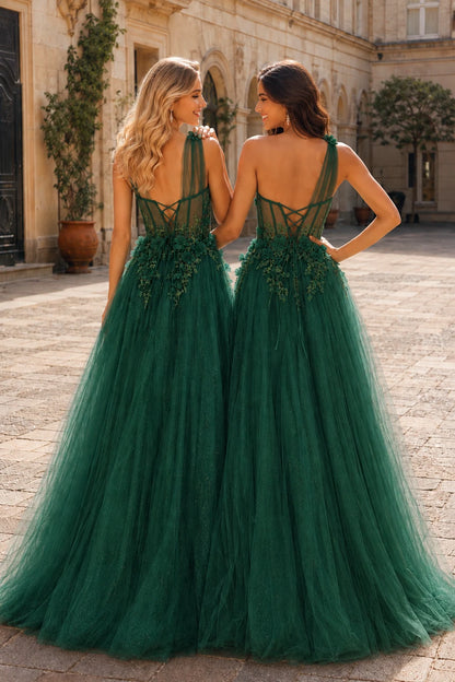 Estlisse A Line One Shoulder Sleeveless Sweep Train Tulle Prom Dress in Emerald Green prom gown, back view
