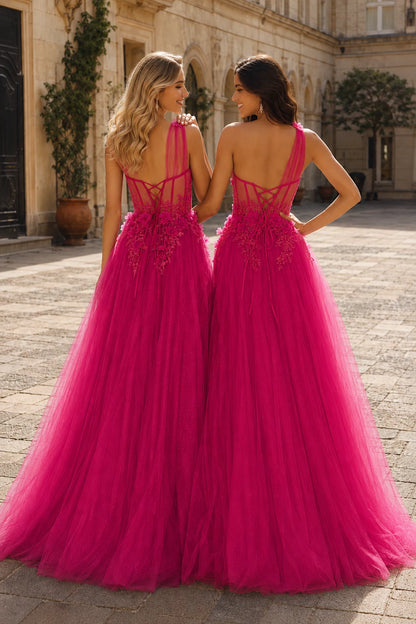 Estlisse A Line One Shoulder Sleeveless Sweep Train Tulle Prom Dress in Hot Pink prom gown, back view