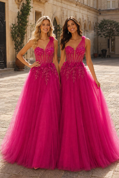 Estlisse A Line One Shoulder Sleeveless Sweep Train Tulle Prom Dress in Hot Pink prom gown, front view