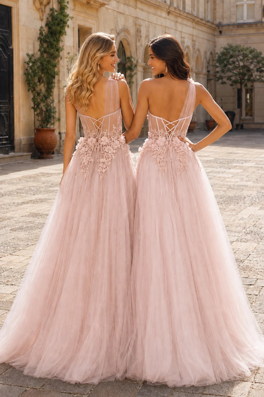 Estlisse A Line One Shoulder Sleeveless Sweep Train Tulle Prom Dress in Light Pink prom gown, back view