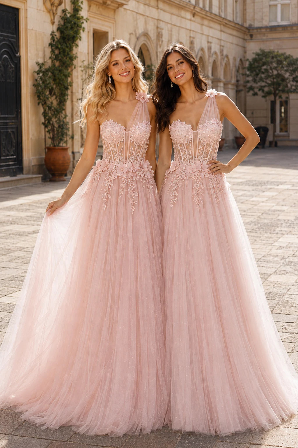 Estlisse A Line One Shoulder Sleeveless Sweep Train Tulle Prom Dress in Light Pink prom gown, front view