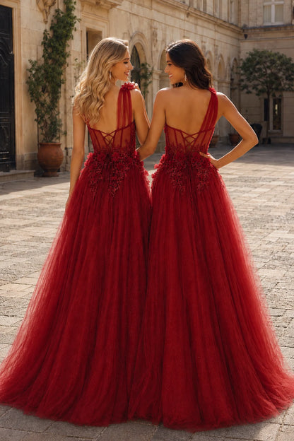 Estlisse A Line One Shoulder Sleeveless Sweep Train Tulle Prom Dress in Red prom gown, back view