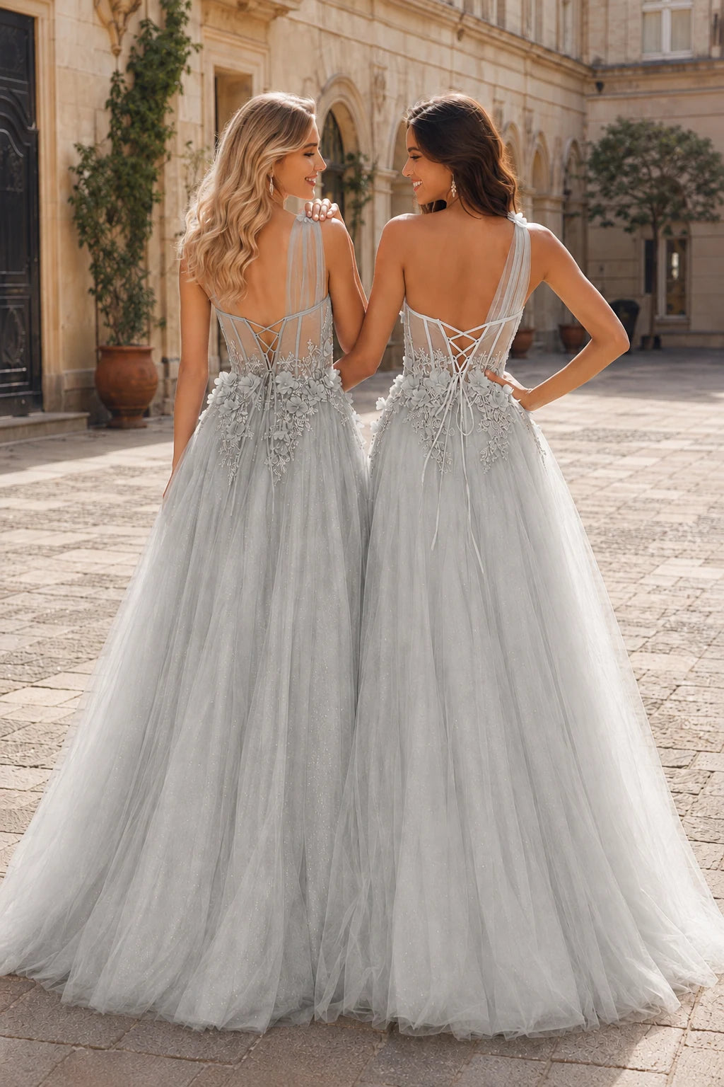 Estlisse A Line One Shoulder Sleeveless Sweep Train Tulle Prom Dress in Silver prom gown, back view