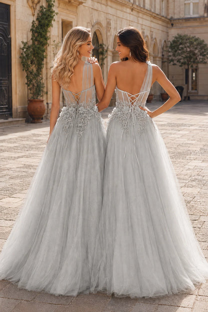 Estlisse A Line One Shoulder Sleeveless Sweep Train Tulle Prom Dress in Silver prom gown, back view