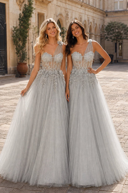 Estlisse A Line One Shoulder Sleeveless Sweep Train Tulle Prom Dress in Silver prom gown, front view