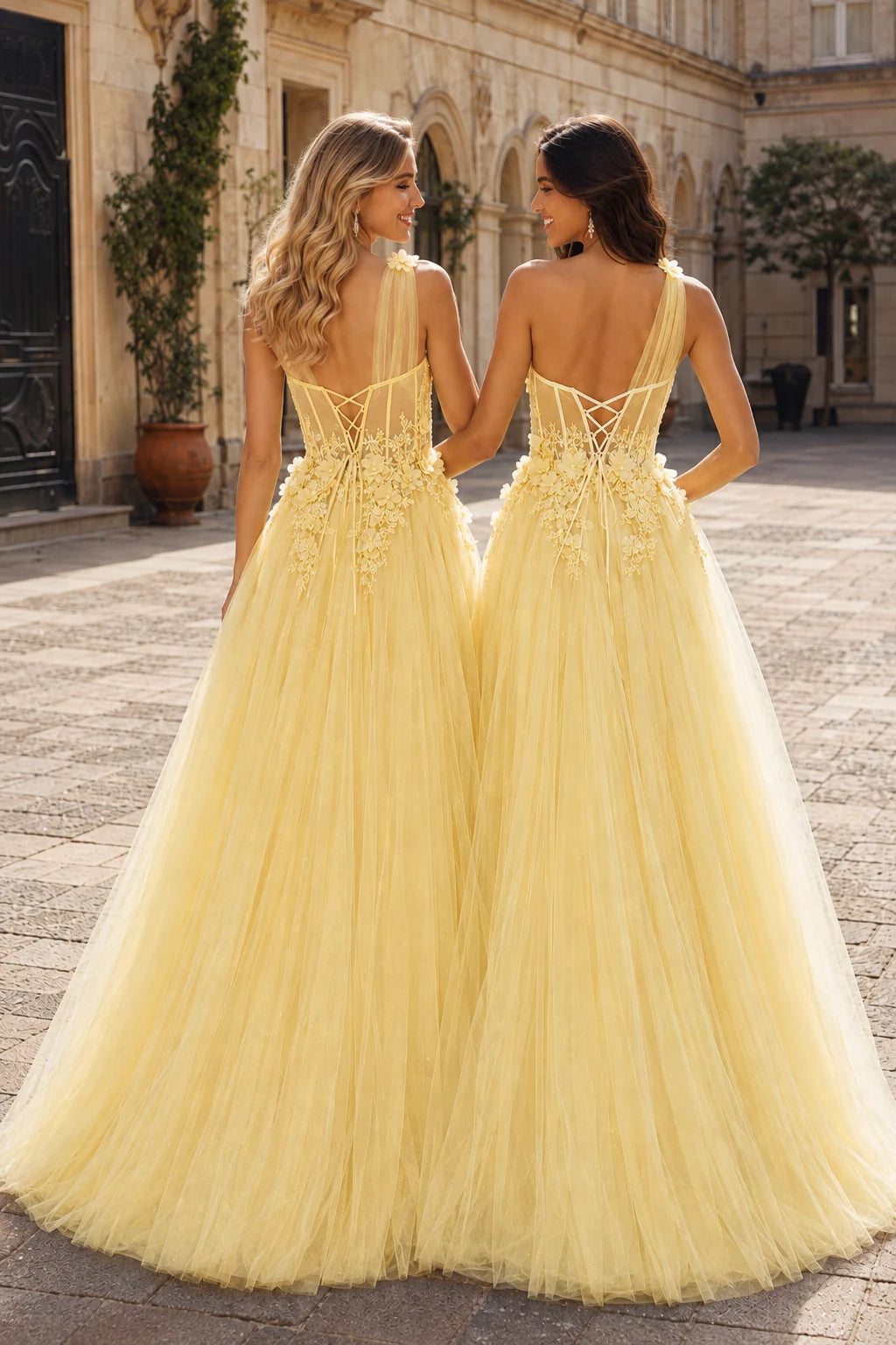 Estlisse A Line One Shoulder Sleeveless Sweep Train Tulle Prom Dress in Yellow prom gown, back view