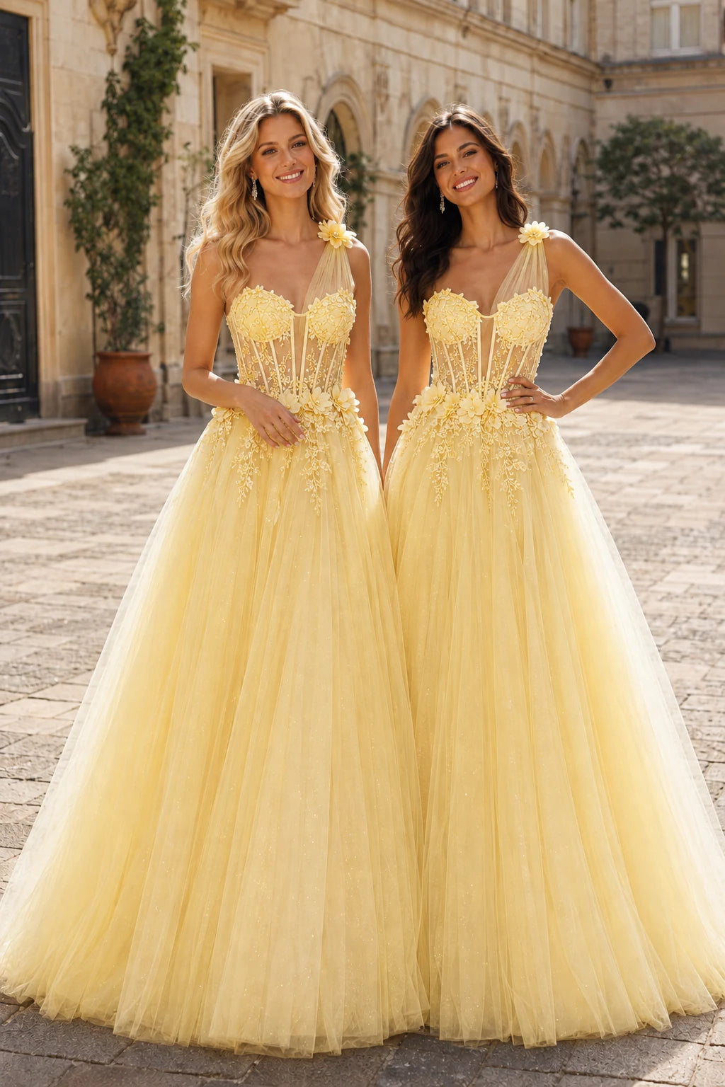 Estlisse A Line One Shoulder Sleeveless Sweep Train Tulle Prom Dress in Yellow prom gown, front view