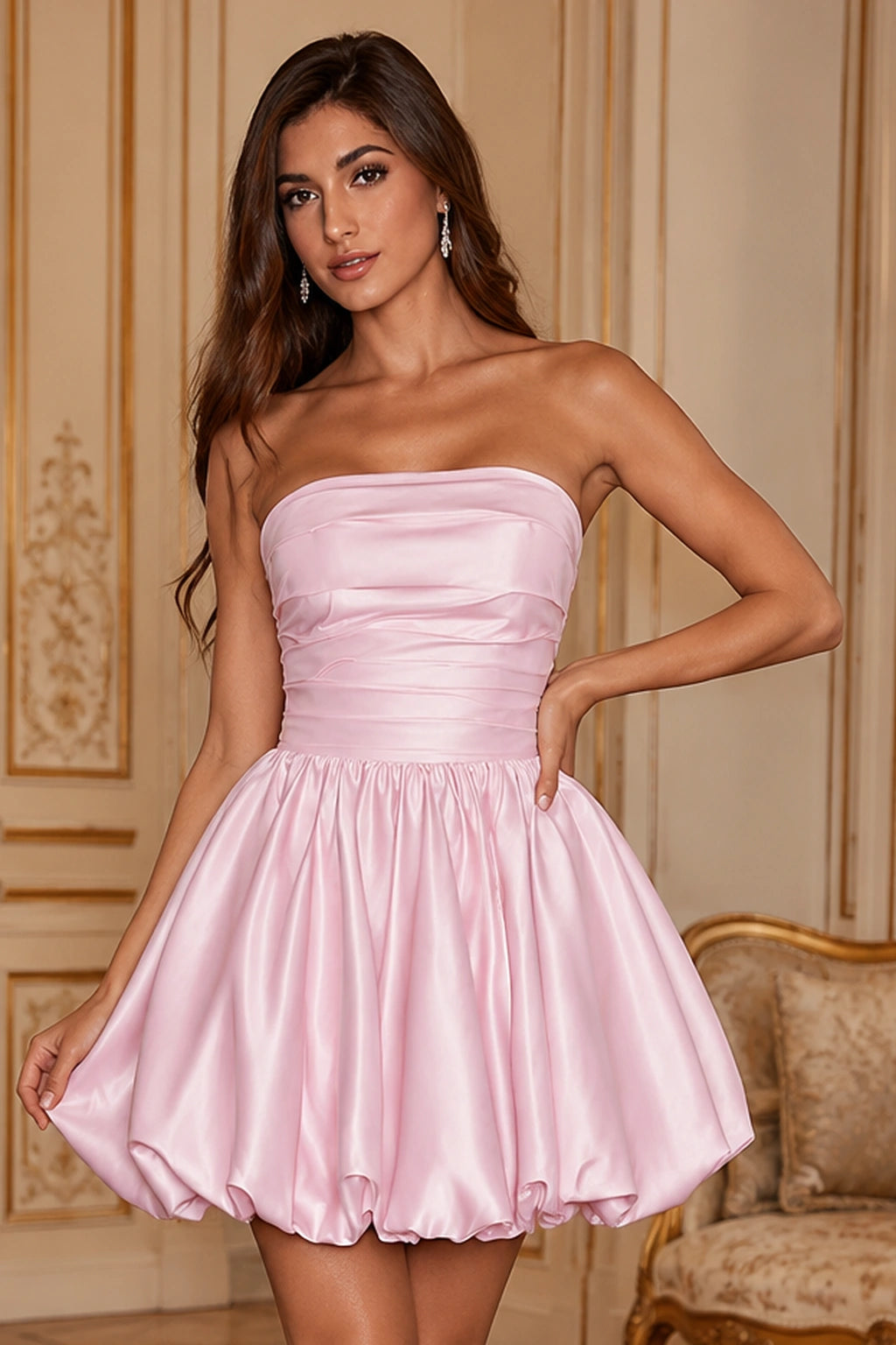 Blush Pink strapless bubble-hem mini homecoming dress, front view