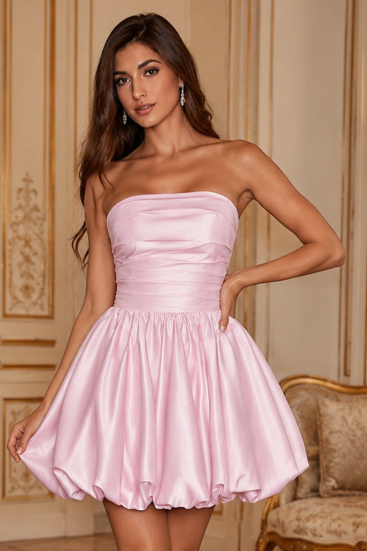 Greer Blush Pink Strapless Bubble-Hem Mini Homecoming Dress in Blush Pink - front view
