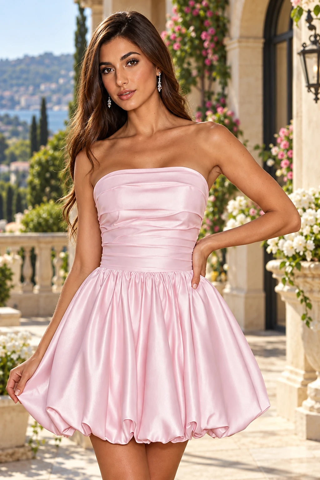 S8062HL Greer strapless satin-look homecoming mini dress with a draped bodice and bubble hem in Blush Pink - front view