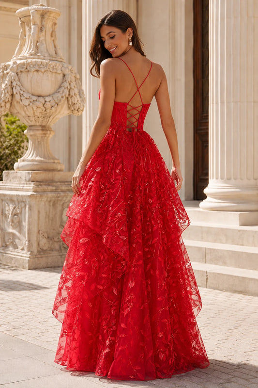 Jorlena Spaghetti-Strap Embellished A-Line Prom Dress in Red - back view