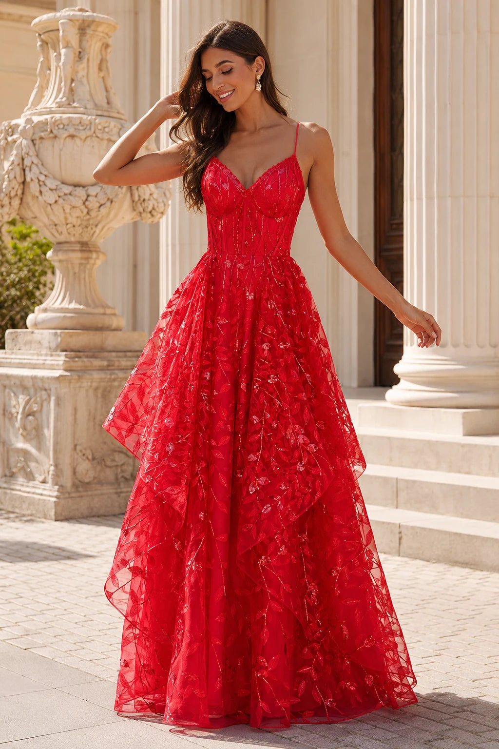 Red spaghetti-strap embellished a-line prom dress S8248P, front view