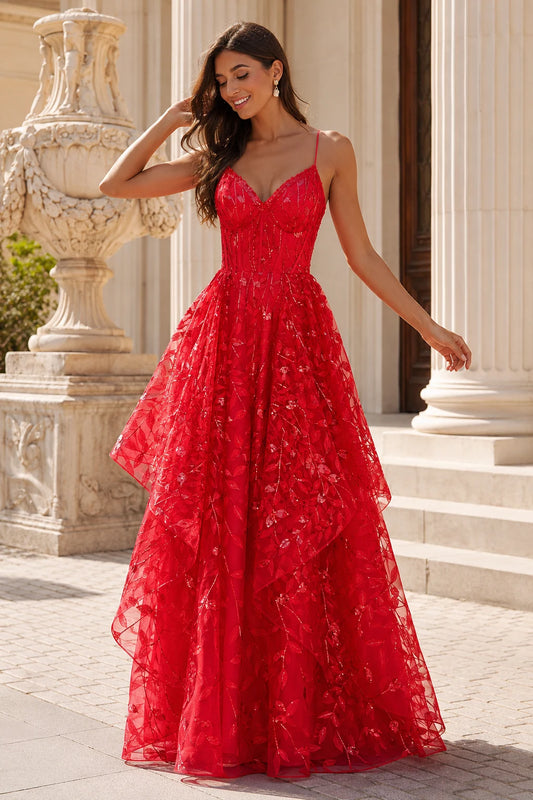 Jorlena Spaghetti-Strap Embellished A-Line Prom Dress in Red - front view