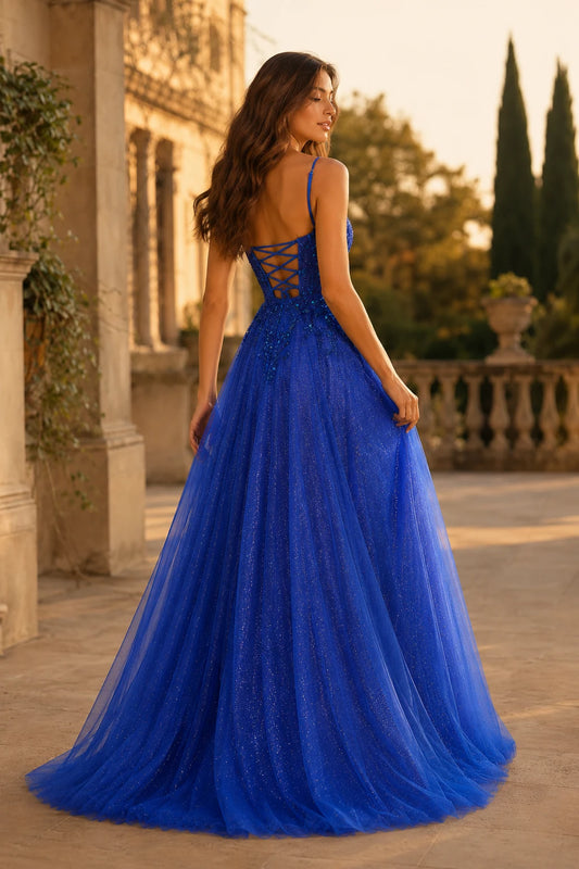 Jormara Spaghetti-Strap A-Line with Slit Prom Dress in Royal Blue - back view