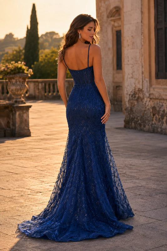 Jorsera Spaghetti-Strap Embroidered Mermaid Prom Dress in Navy Blue - back view