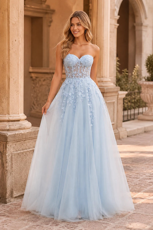 Jordelle Light Strapless Sweetheart Tulle Ball Gown Prom Dress in Light Blue - front view