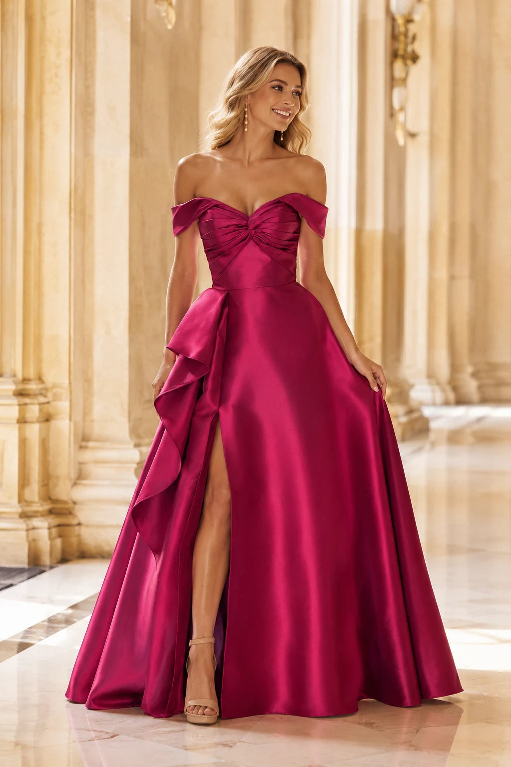 Fuchsia off-the-shoulder sweetheart gown with slit prom dress S8271P, front view