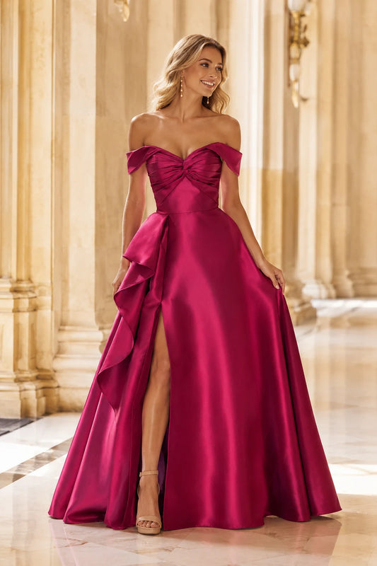 Jorvara Off-the-Shoulder Sweetheart Gown with Slit Prom Dress in Fuchsia - front view