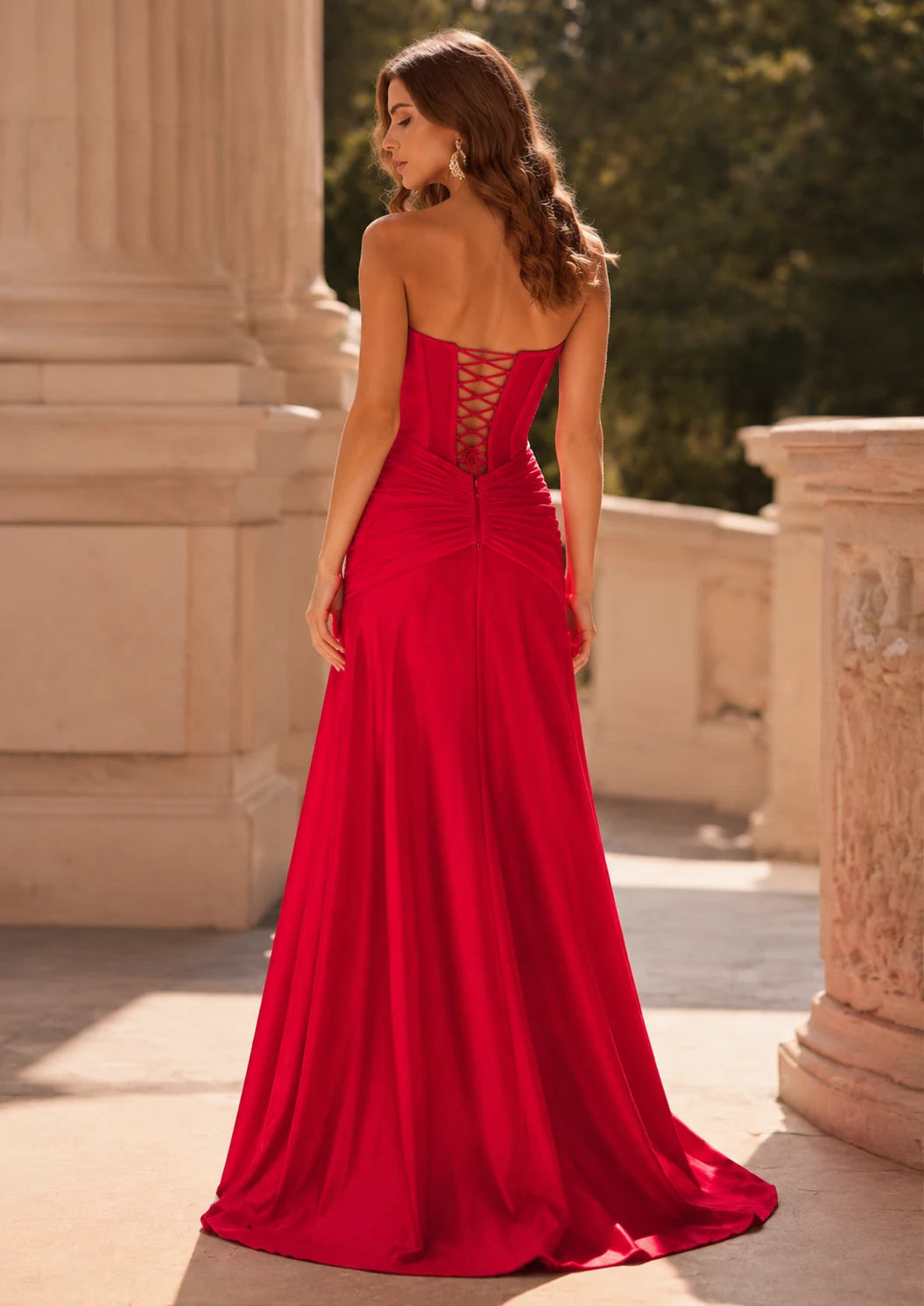 Red strapless fitted gown with slit prom dress S8277PG, front view