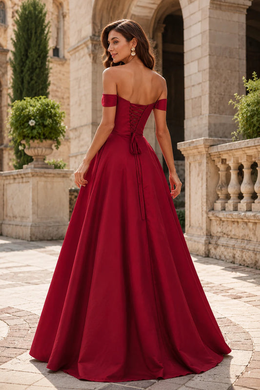 Jorselle Off-the-Shoulder Draped Ball Gown Prom Dress in Burgundy - back view