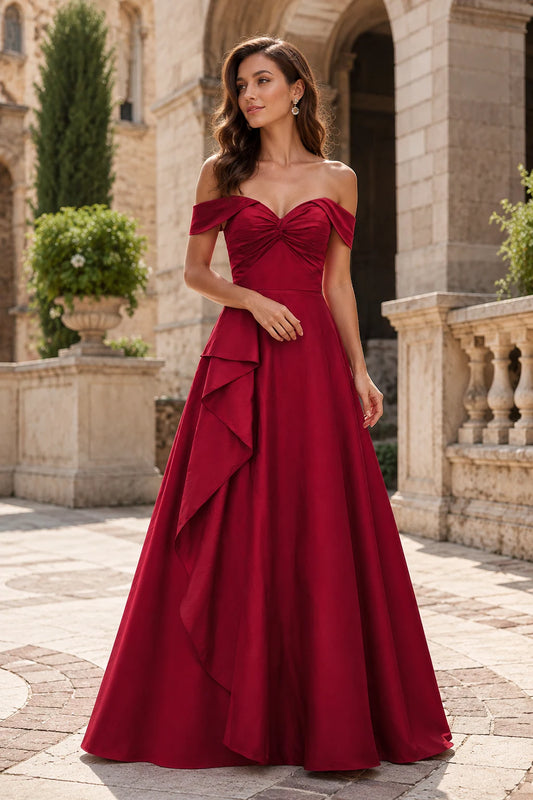 Jorselle Off-the-Shoulder Draped Ball Gown Prom Dress in Burgundy - front view
