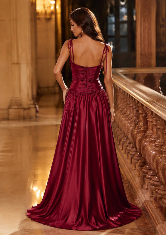 Helvara Spaghetti-Strap Gown with Slit Prom Dress in Burgundy - back view