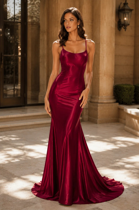 Jorthia Spaghetti-Strap Fitted Gown Prom Dress in Burgundy - back view