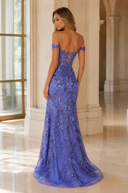 Periwinkle off-the-shoulder embellished gown with slit prom dress S8316P, back view