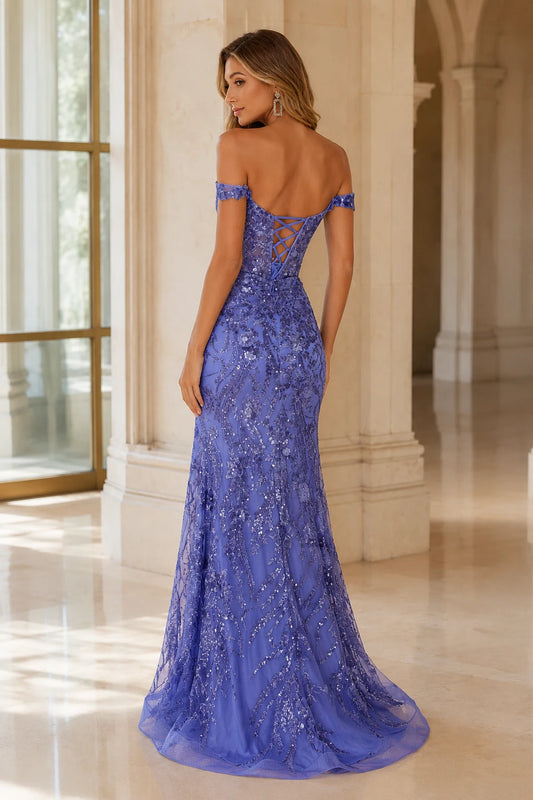 Jorvella Periwinkle Off-the-Shoulder Embellished Gown with Slit Prom Dress in Periwinkle - back view