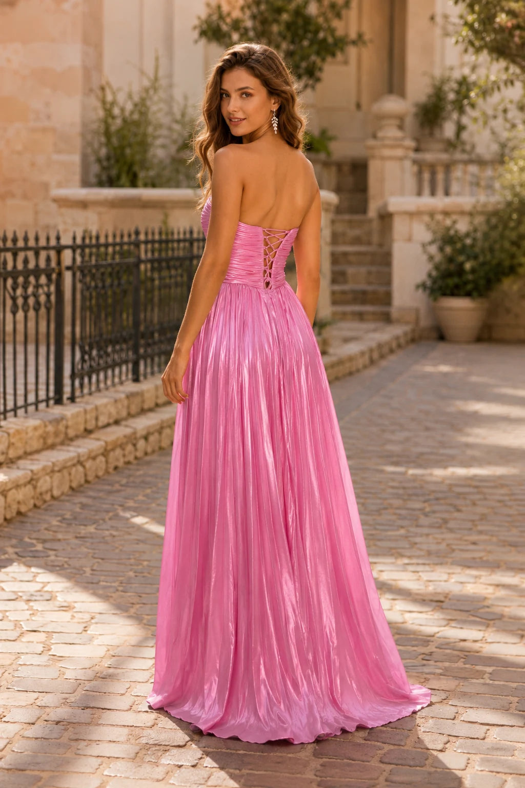 Pink strapless embellished ball gown prom dress S8317PG, back view