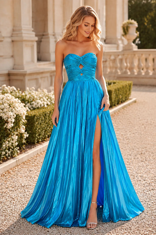 Jornette Turquoise Strapless Embellished Gown with Slit Prom Dress in Turquoise - back view
