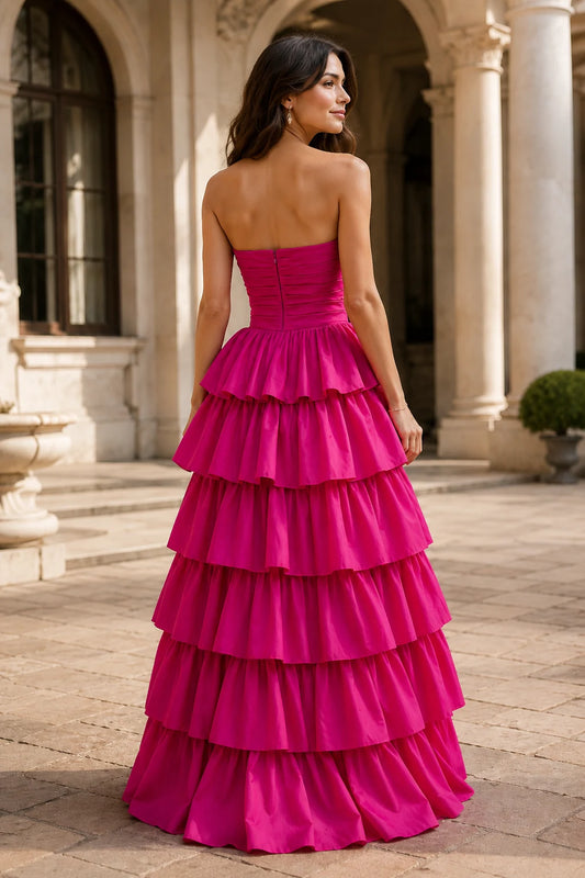 Helthia Strapless Tiered Ruffle Gown with Slit Prom Dress in Fuchsia - back view