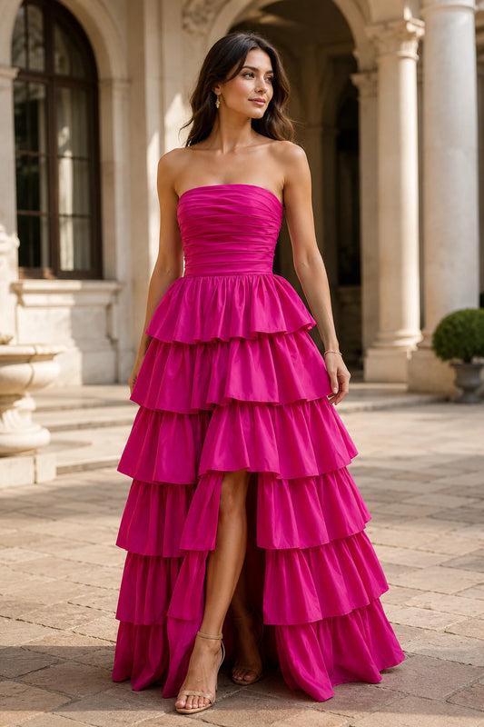Helthia Strapless Tiered Ruffle Gown with Slit Prom Dress in Fuchsia - front view
