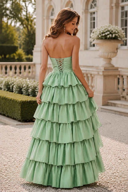 Sage Green strapless tiered ruffle gown with slit prom dress S8320PN, back view