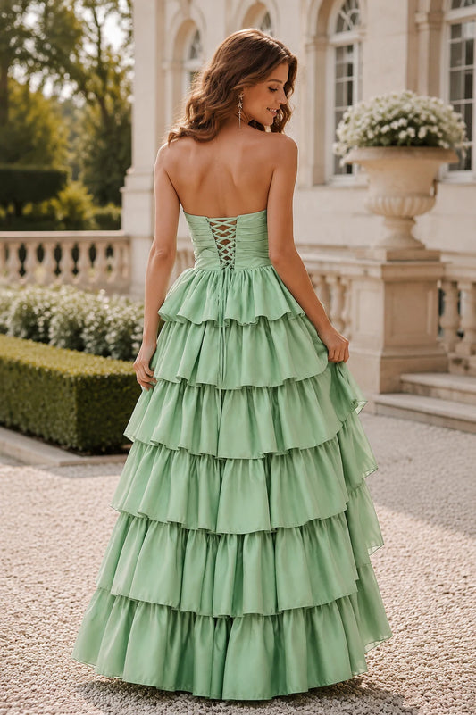 Helthia Strapless Tiered Ruffle Gown with Slit Prom Dress in Sage Green - back view